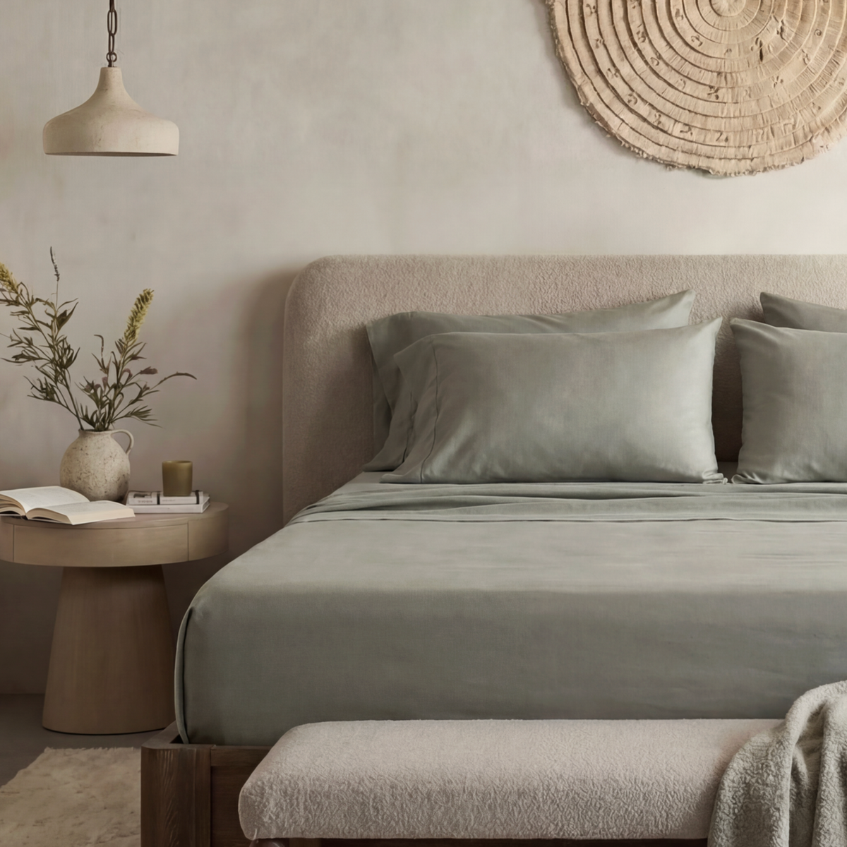 Signature Bamboo Sateen Sheet Set showing smooth sateen weave 100% CleanBamboo Lyocell 1000 TC OEKO-TEX label