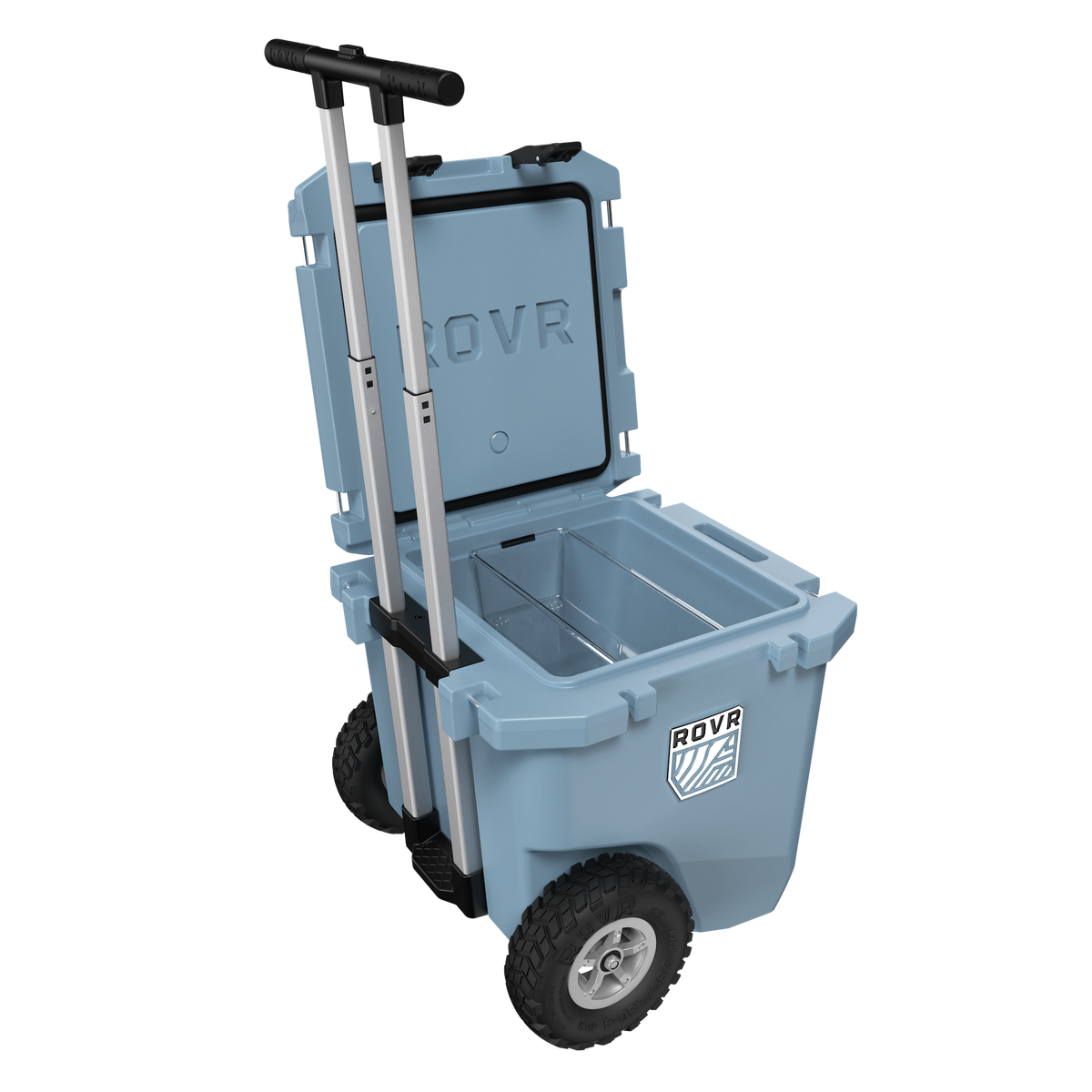 Blue cooler with wheels and handle on a white background