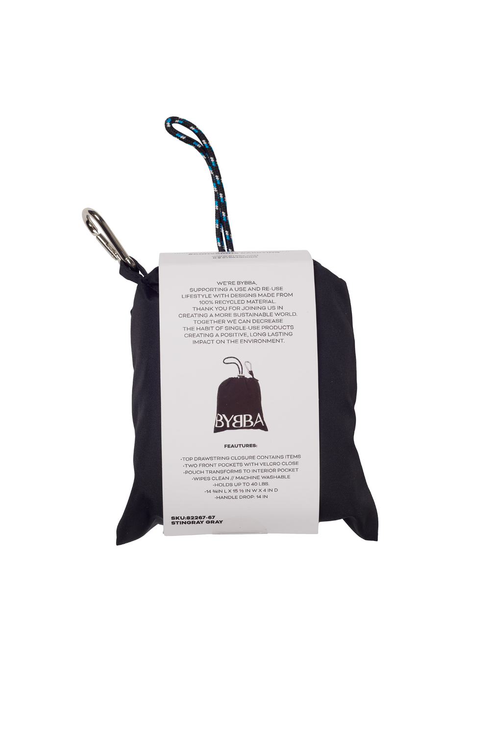 back view of dark grey pouch and packaging