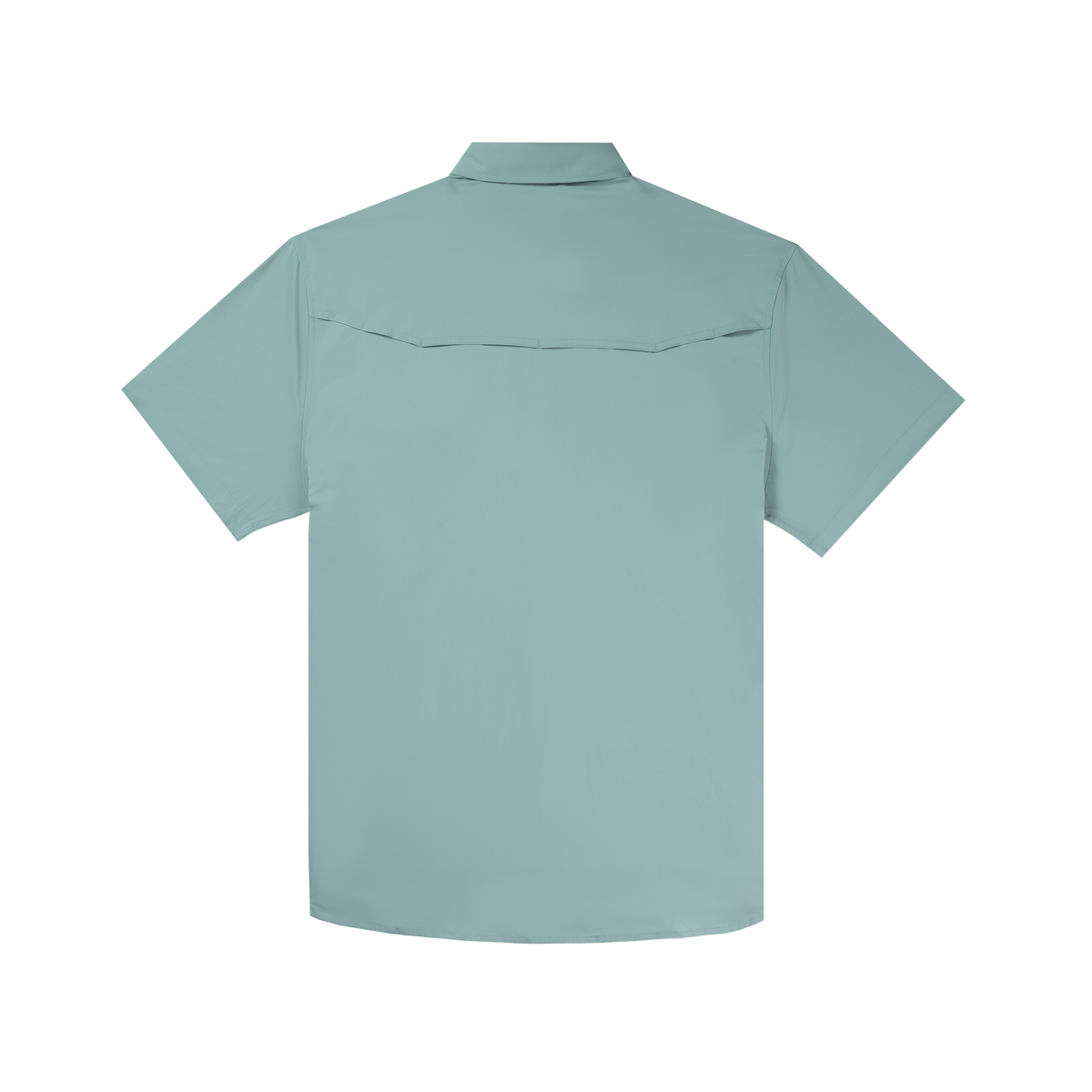 Back of short sleeve blue fishing shirt