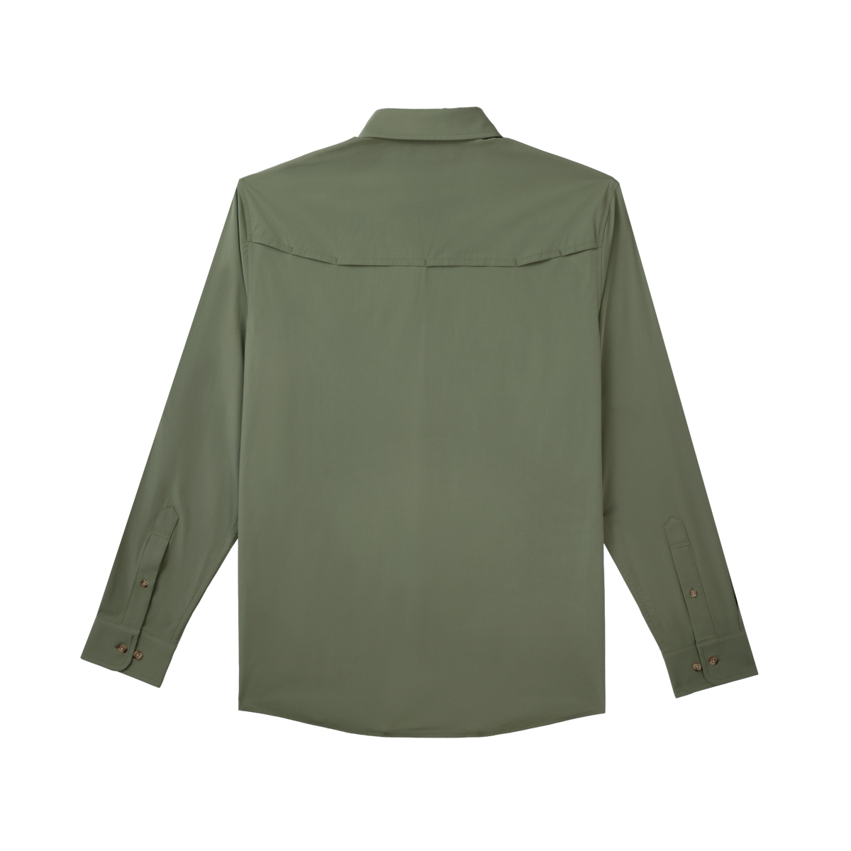 product photo back of olive green long sleeve shirt