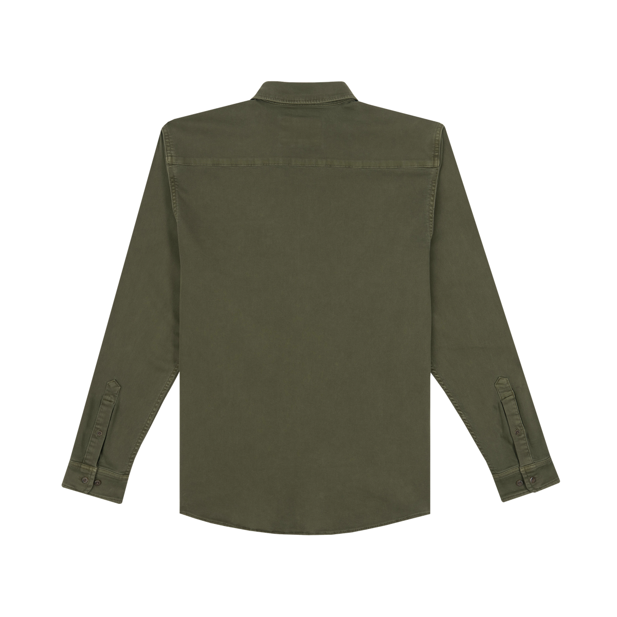 The Buck Snort olive green long-sleeve shirt designed for outdoor wear with buttoned cuffs and a classic collar