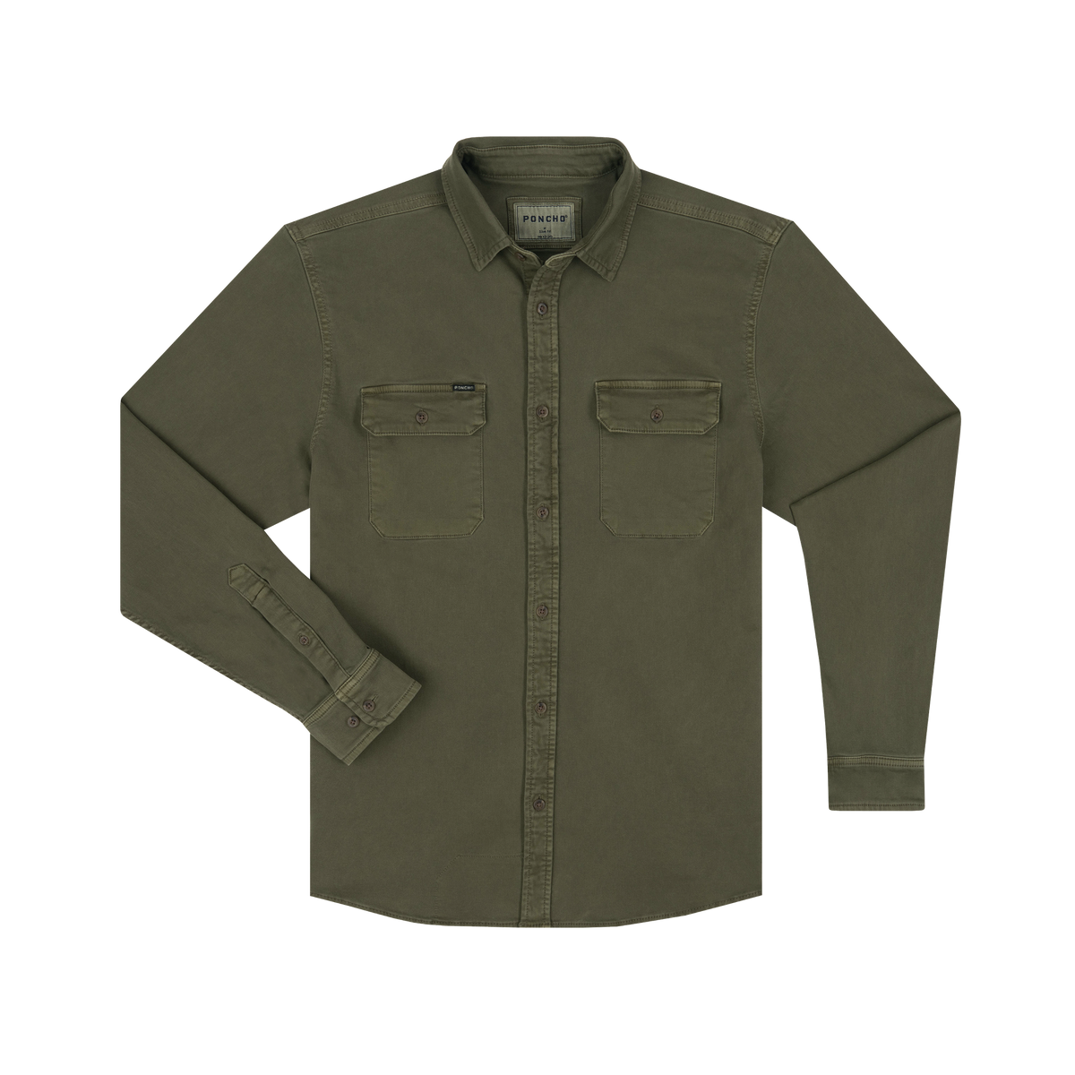The Buck Snort olive green long sleeve shirt designed for outdoors with button closures and chest pockets