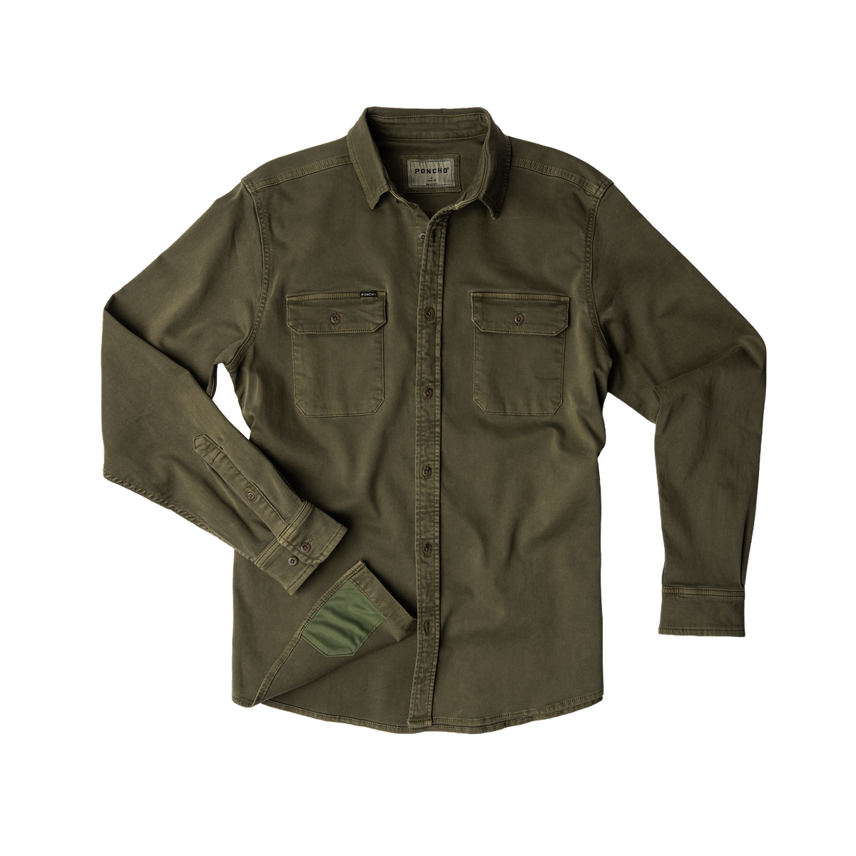 The Buck Snort olive green outdoor shirt with buttoned chest pockets and long sleeves laid flat.