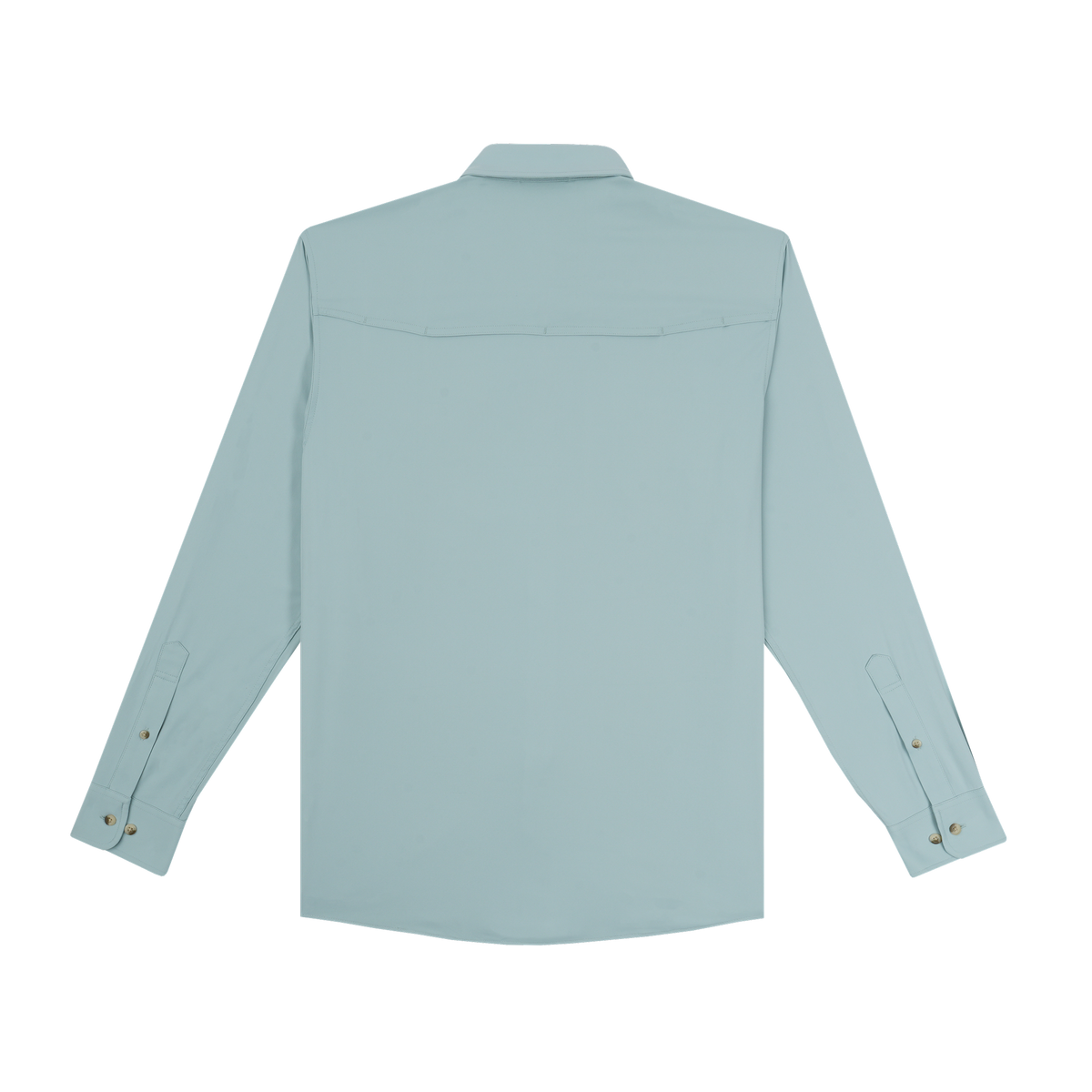 Back view of a light blue long-sleeve shirt with buttoned cuffs and a yoke across the shoulders