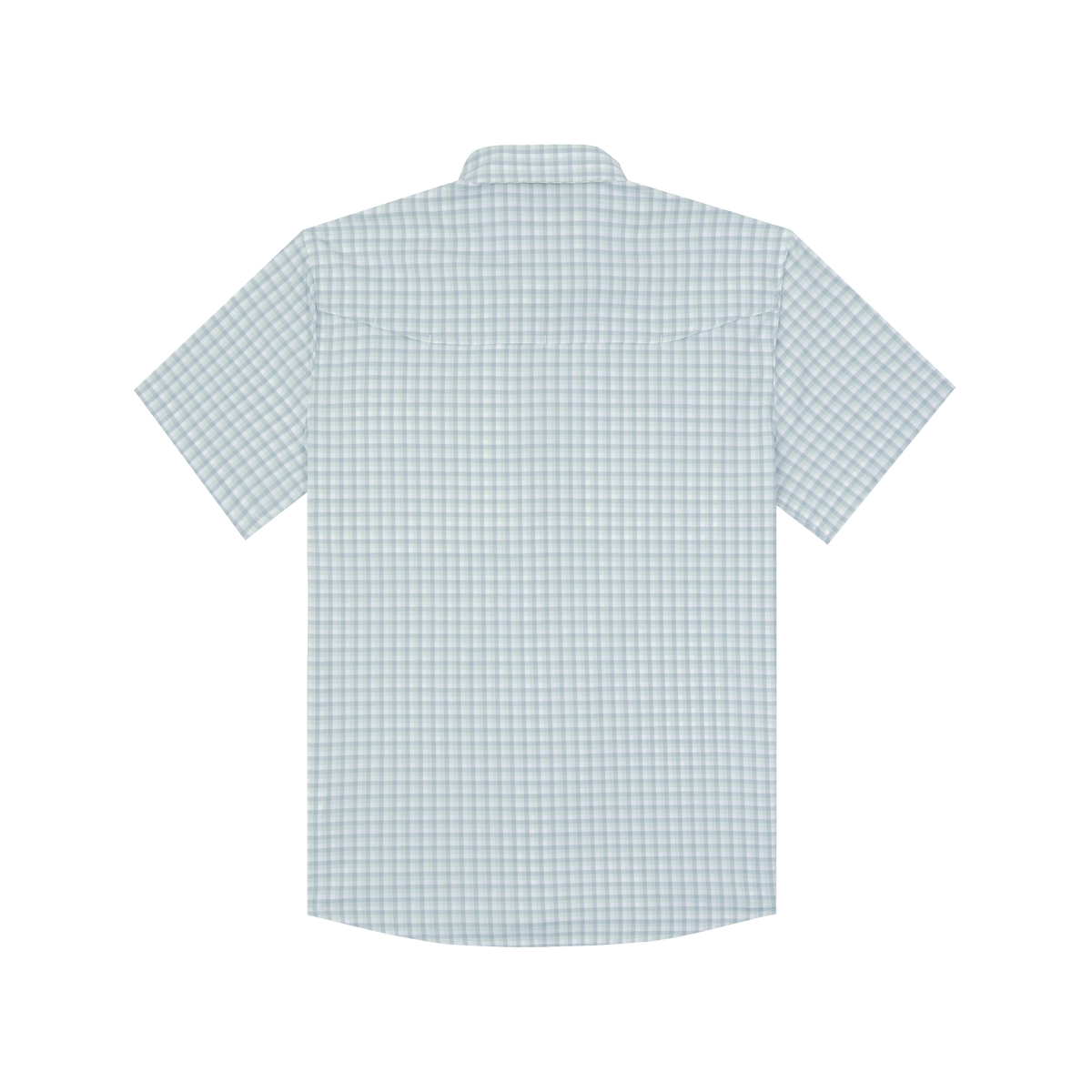 The Kahala men's outdoor shirt in a light blue micro-check pattern, shown from the back