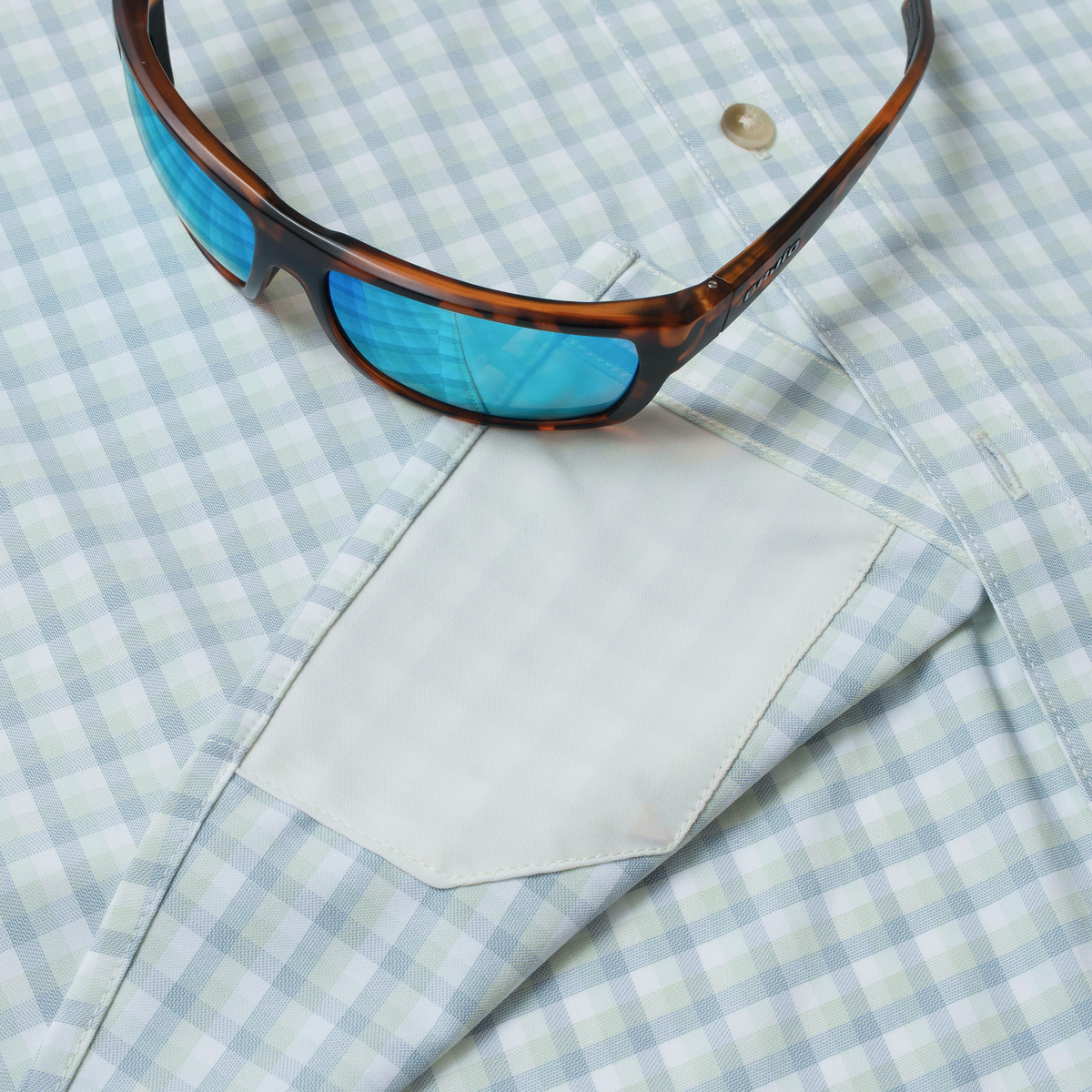 The Kahala men's outdoor shirt in light blue and white plaid with a chest pocket
