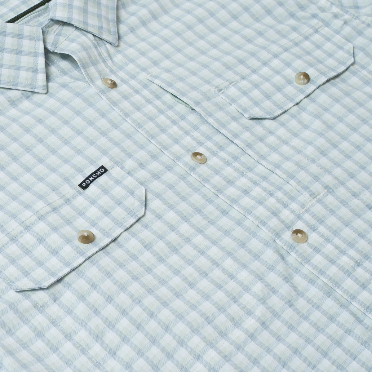 The Kahala by Poncho Outdoors, men's light blue plaid outdoor shirt with pearl snap pockets