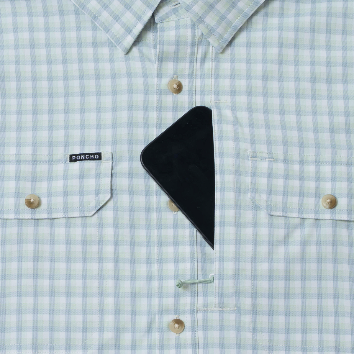 The Kahala light blue plaid men's outdoor fishing shirt with button chest pockets and collar