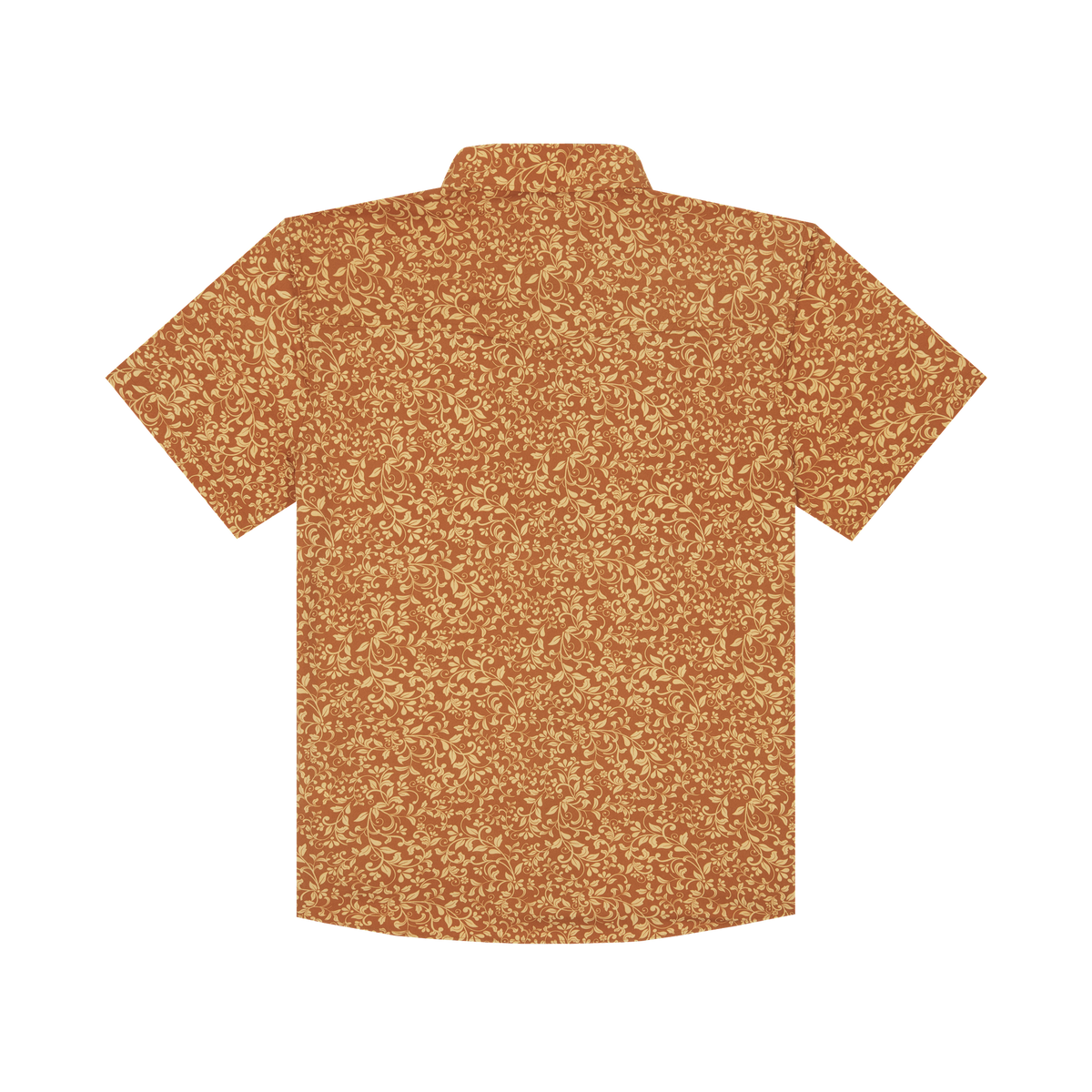 The Occupy Left Field short sleeve shirt with an earthy tone and subtle leafy pattern.