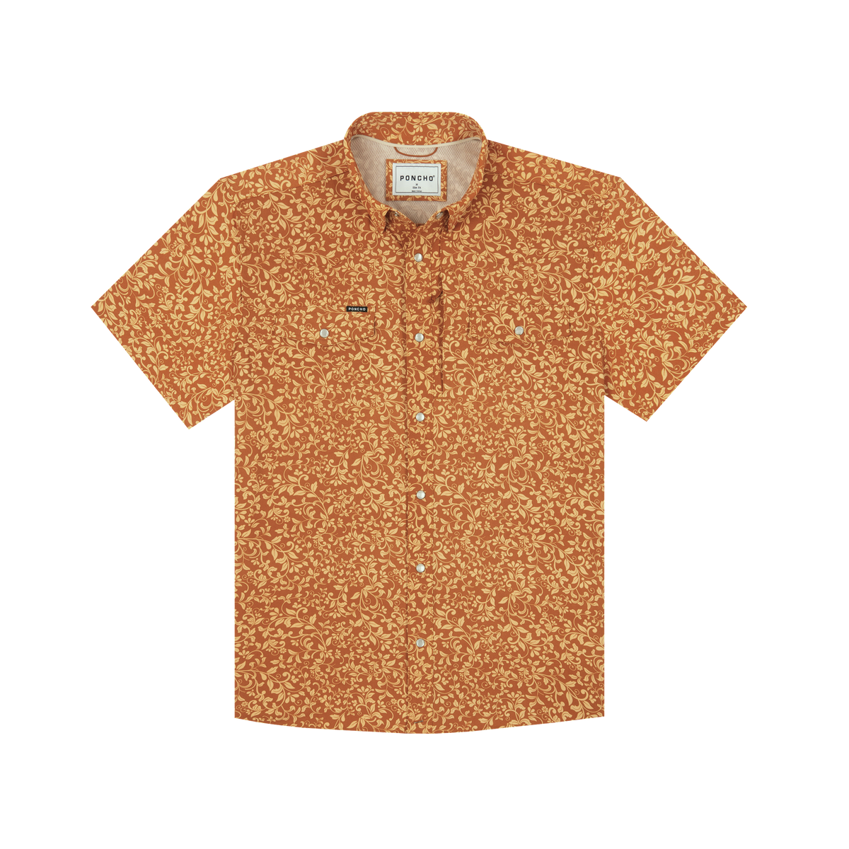 The Occupy Left Field short-sleeve shirt with a rust orange floral pattern and button-up front.