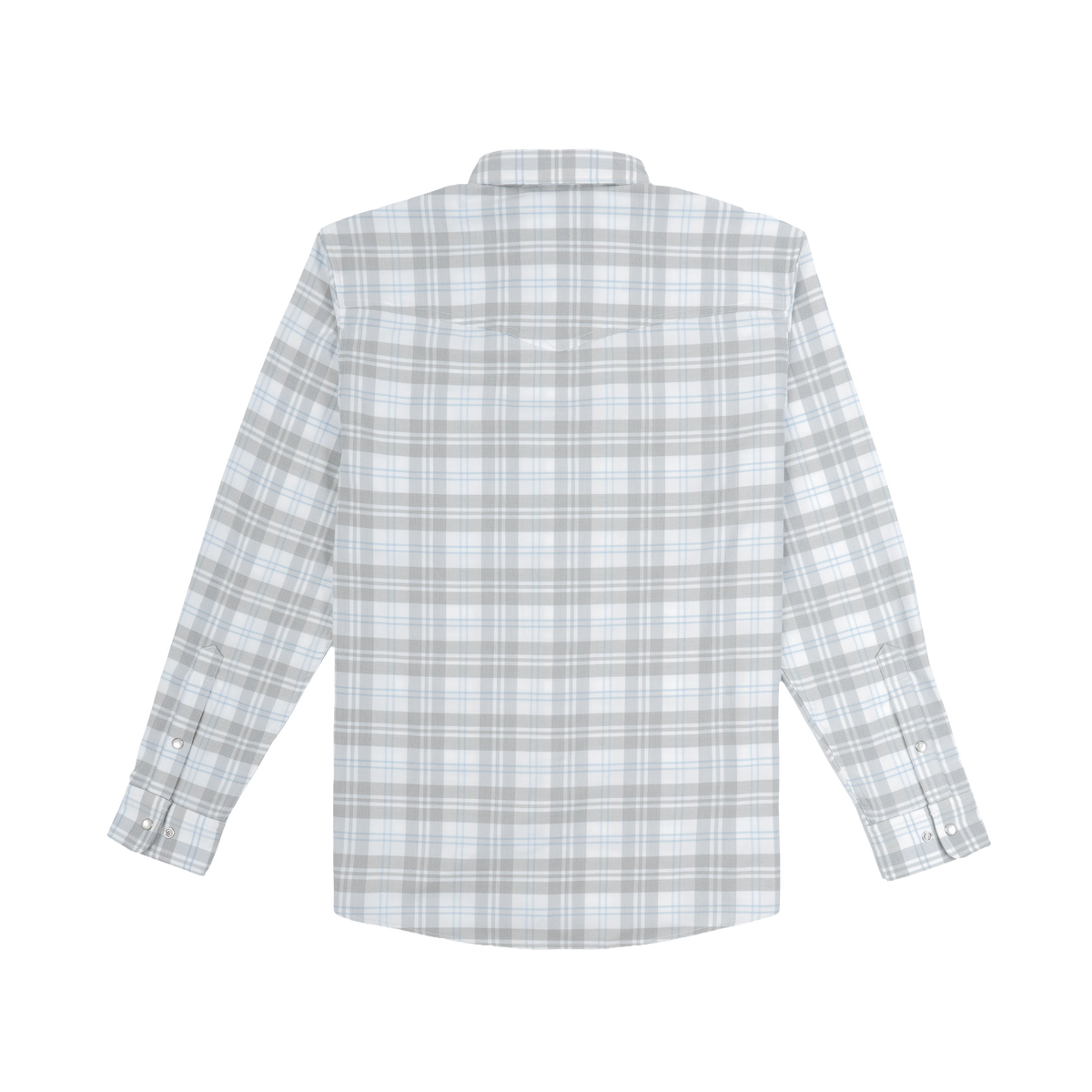 The Pearl Cat men's western pearl snap shirt in light gray plaid, back view for outdoor wear