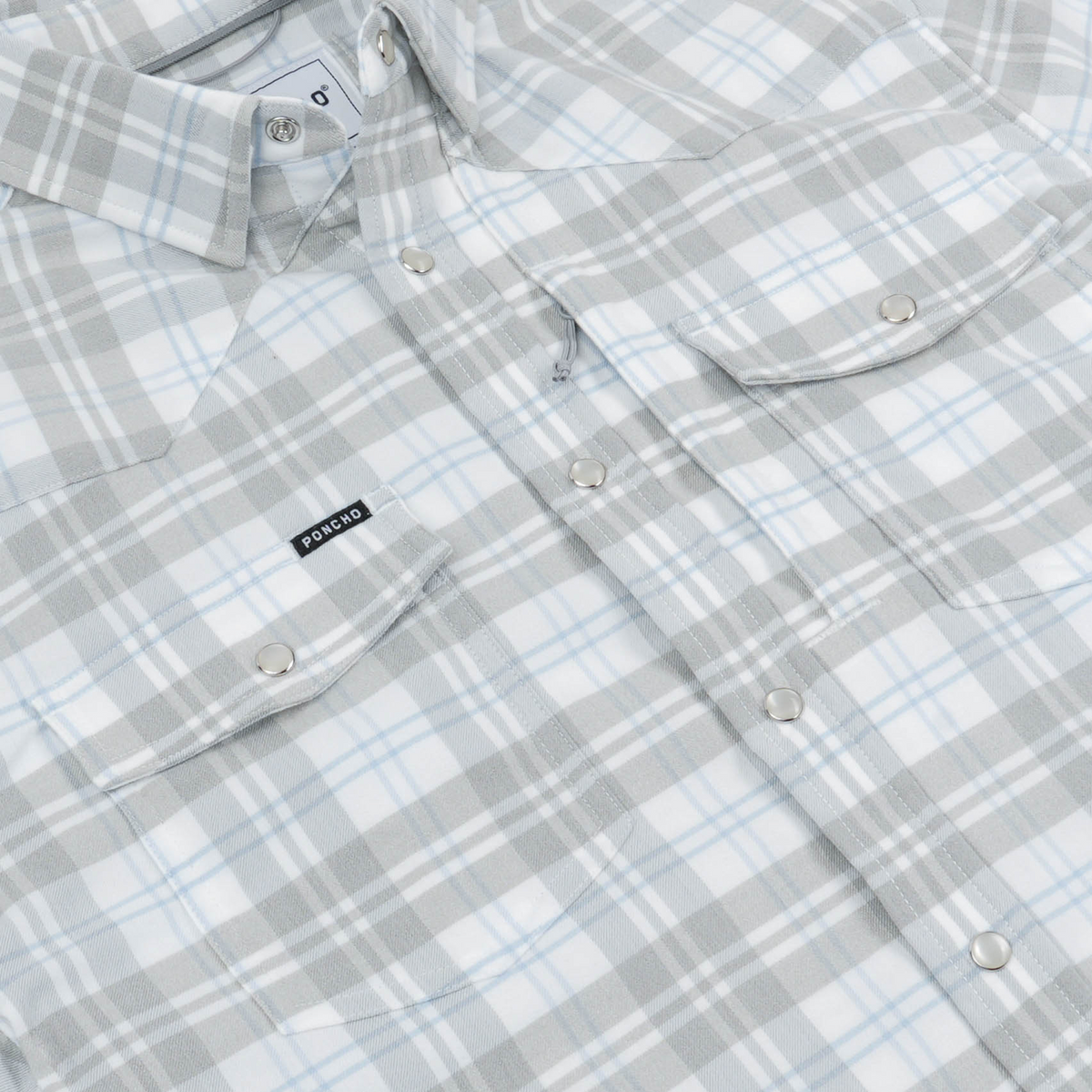The Pearl Cat men's gray and blue plaid pearl snap fishing shirt with dual chest pockets