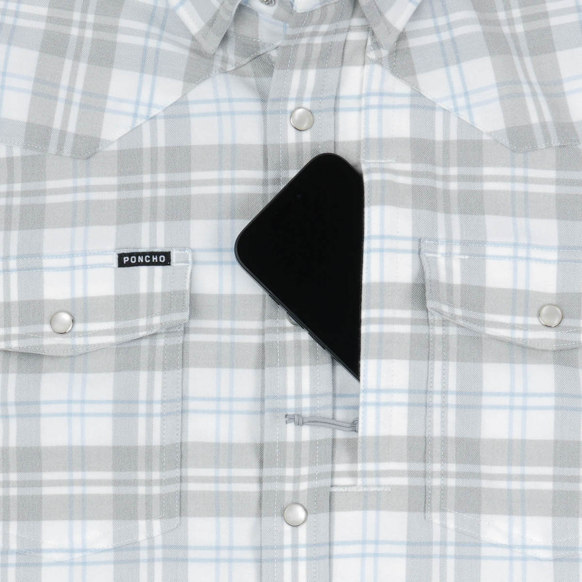 The Pearl Cat mens plaid pearl snap outdoor shirt in gray white and blue with dual chest pockets