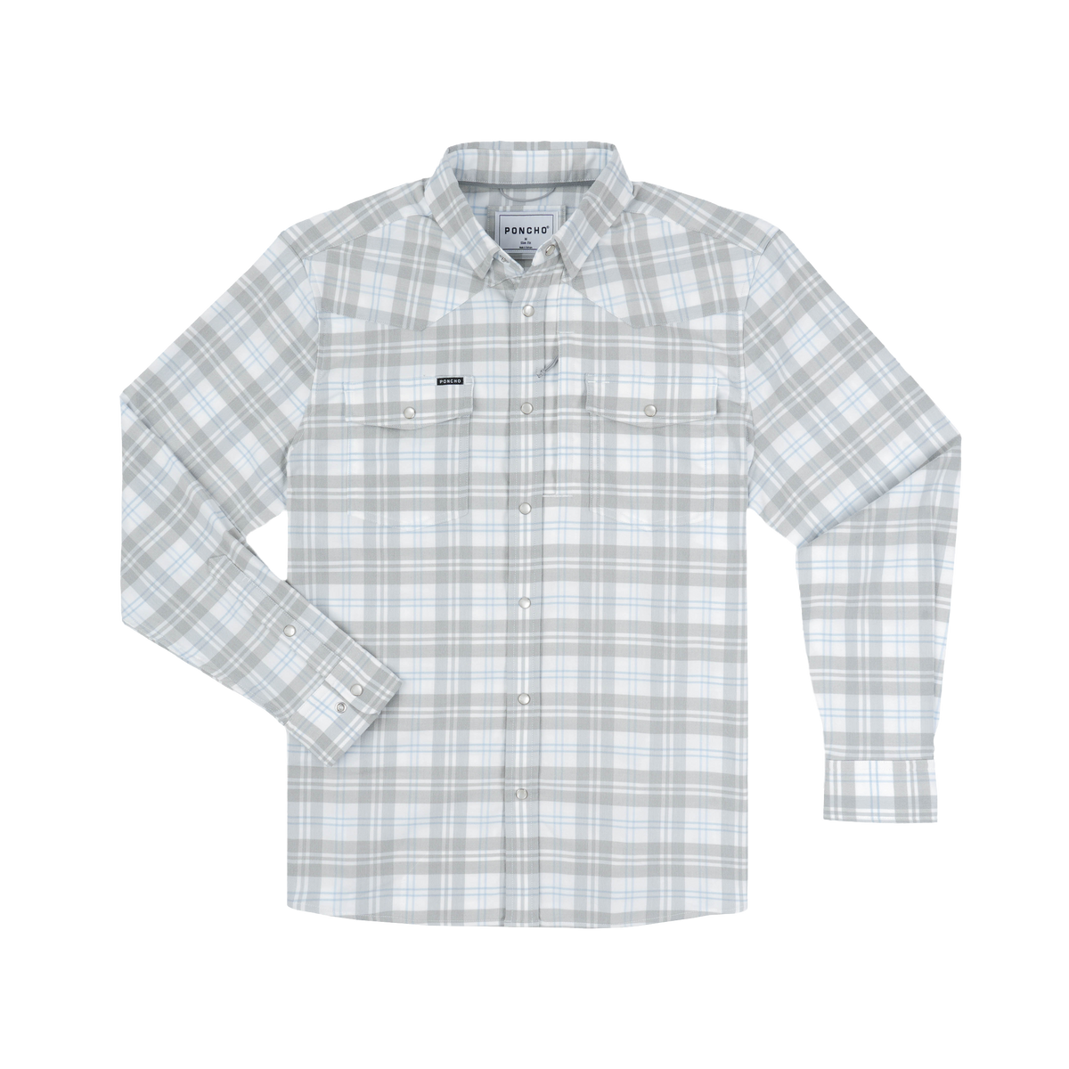 The Pearl Cat light gray plaid long sleeve pearl snap shirt for outdoor fishing