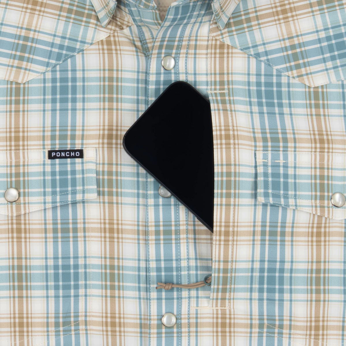 phone in chest zipper pocket of shirt