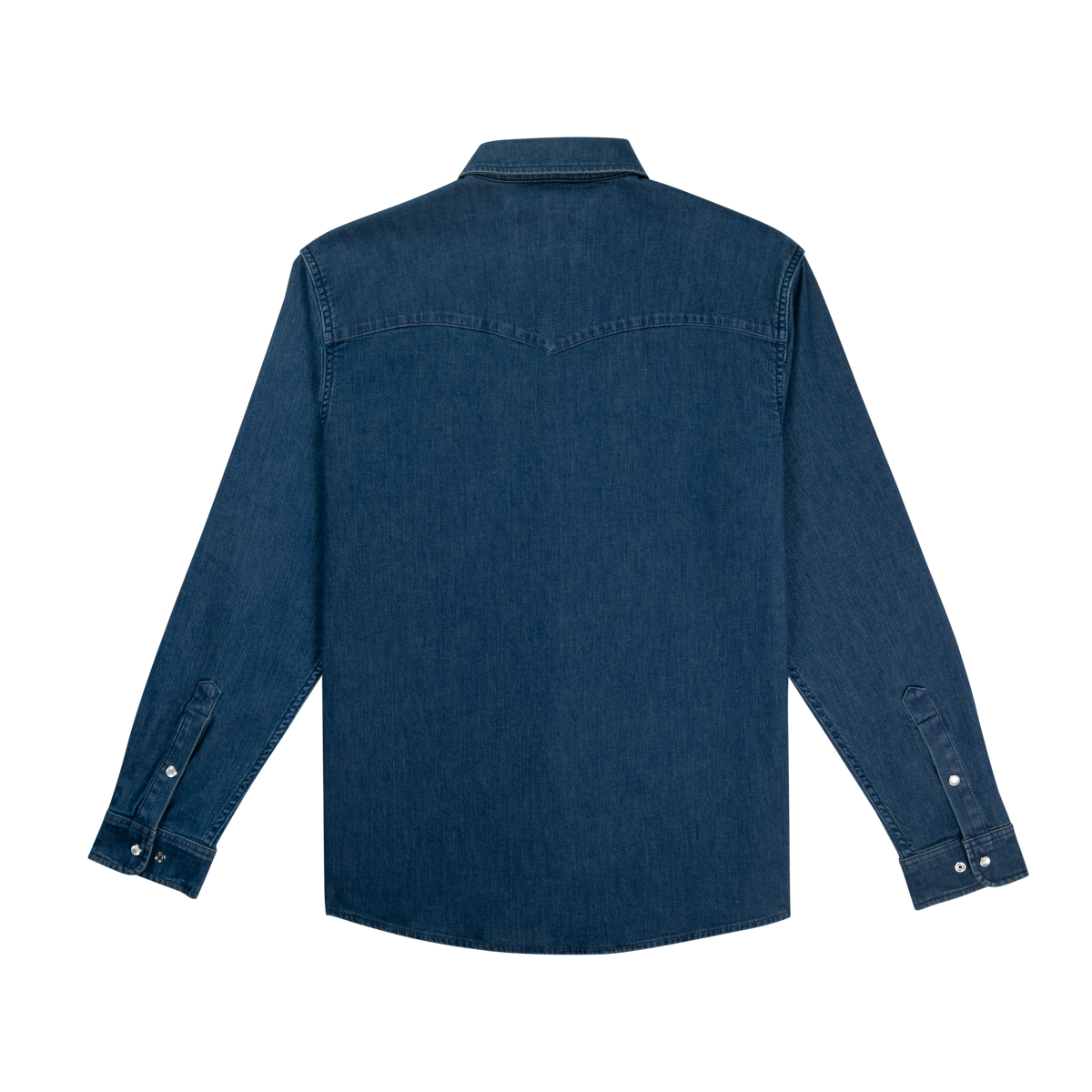 back of dark blue denim shirt