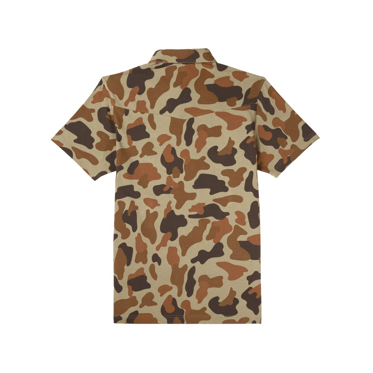 The Dove Stool with brown and tan camouflage pattern and short sleeves viewed from behind