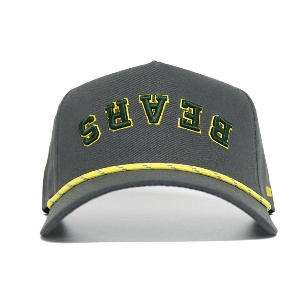 The BEARS Hat - Grayout by No Rivals features gray fabric, "BEARS" in yellow and green on the front, a yellow-accented brim, and a snapback closure—ideal for game day style.