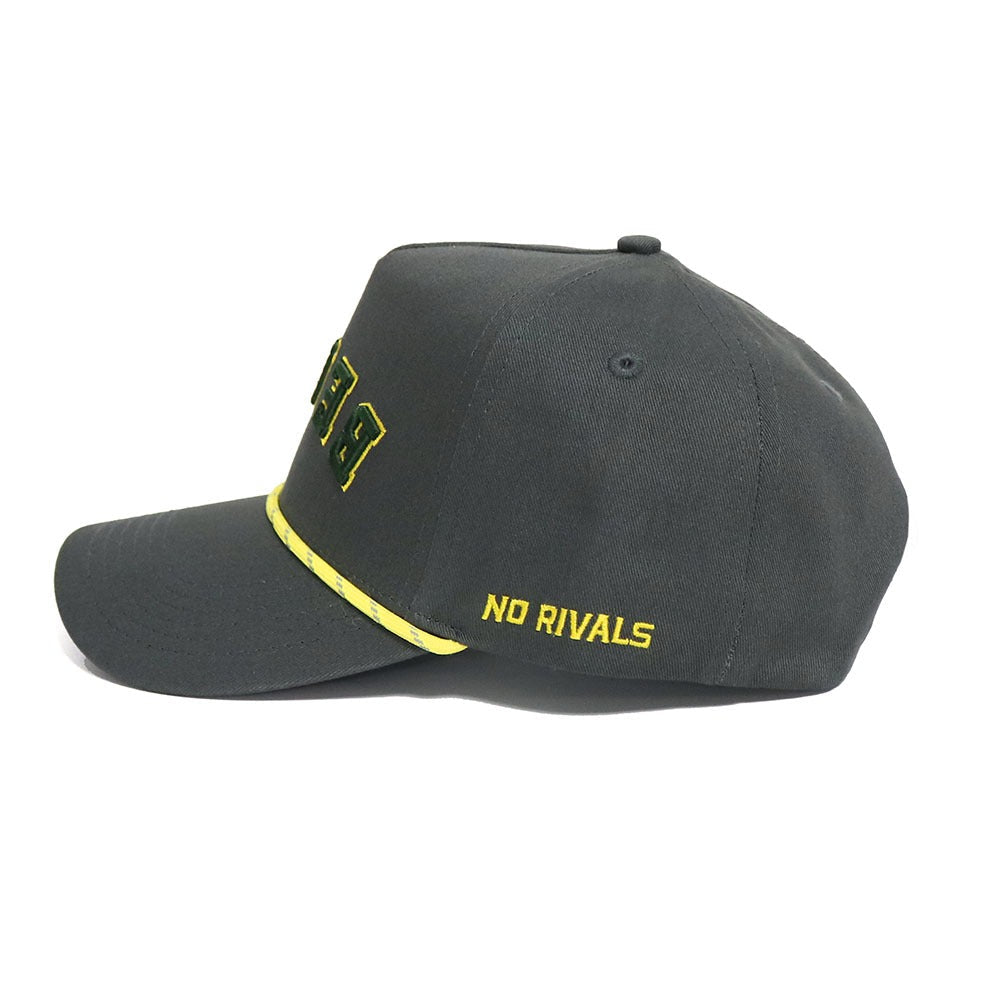 The BEARS Hat - Grayout by No Rivals is a dark gray snapback cap with yellow "NO RIVALS" text on the side, a curved brim, and a yellow accent above the brim—ideal for your gameday look.