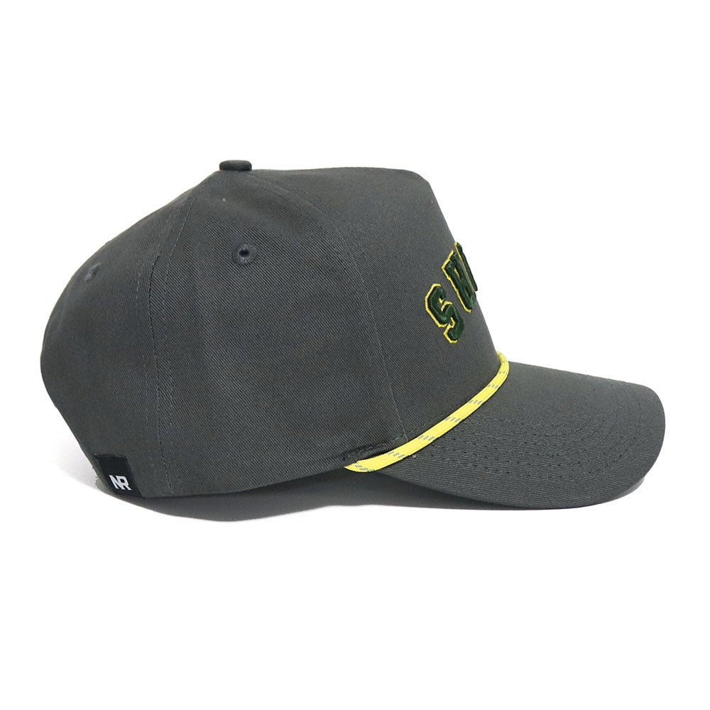 The BEARS Hat - Grayout by No Rivals is a gray snapback cap with yellow trim, yellow and green embroidered letters on the front, and a small black tag—ideal for your gameday look.