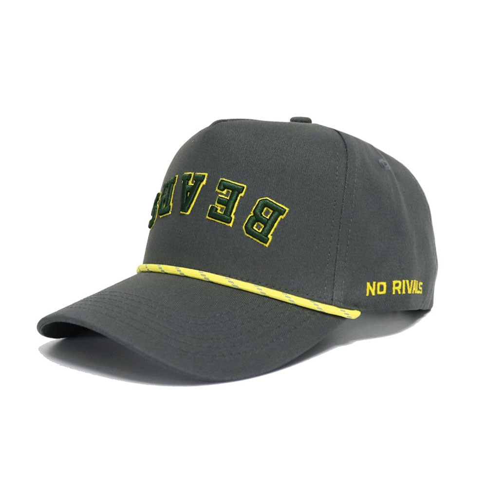 The BEARS Hat - Grayout by No Rivals is a gray cap with “BEARS” in yellow and green on the front, “NO RIVALS” on the side, a yellow line on the curved brim, and an adjustable snapback closure for a perfect fit.
