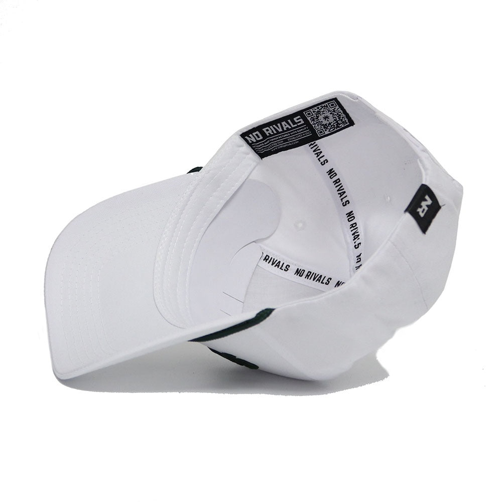 The BEARS Hat - Whiteout by No Rivals is a white cotton baseball cap featuring black inner labels, NO RIVALS text along the seams, a curved brim, structured crown, and adjustable snapback for the perfect fit.