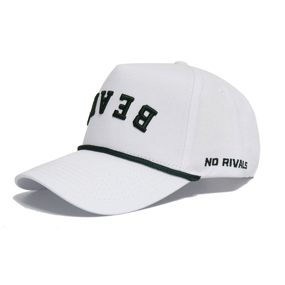 The BEARS Hat - Whiteout by No Rivals is a white cotton baseball cap with "BEVY" in black upside down on the front, "NO RIVALS" embroidered on the side, a thin black trim at the crown’s base, and an adjustable snapback for comfort.