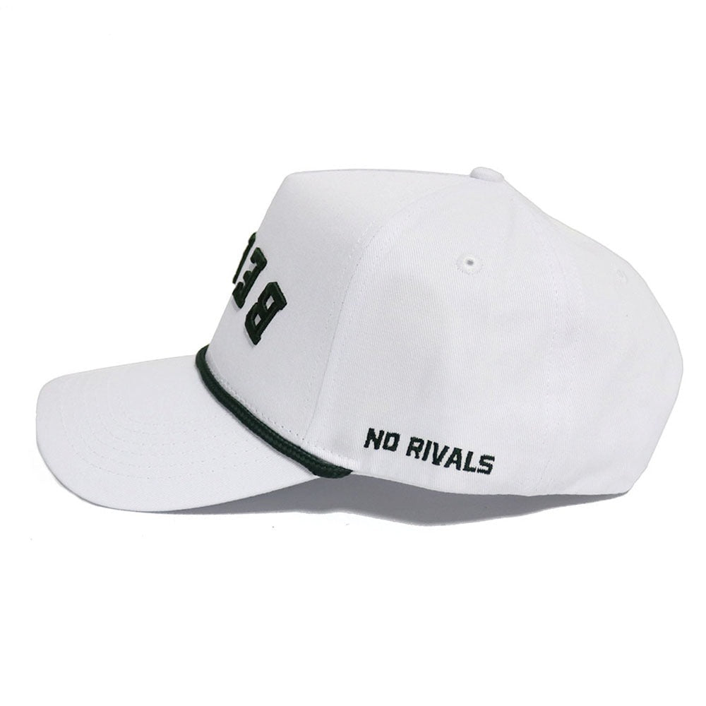 The BEARS Hat - Whiteout by No Rivals is a high-quality cotton white baseball cap with dark green accents, "NO RIVALS" embroidered in black on the side, and an adjustable snap back for a custom fit.