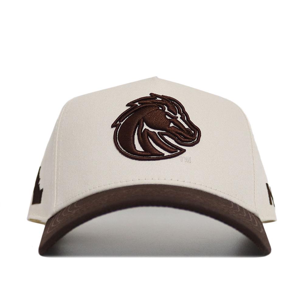 The No Rivals Boise State Espresso Hat features a brown brim, a white crown, and an embroidered horse head logo on the front, crafted from high-quality cotton for a structured fit.