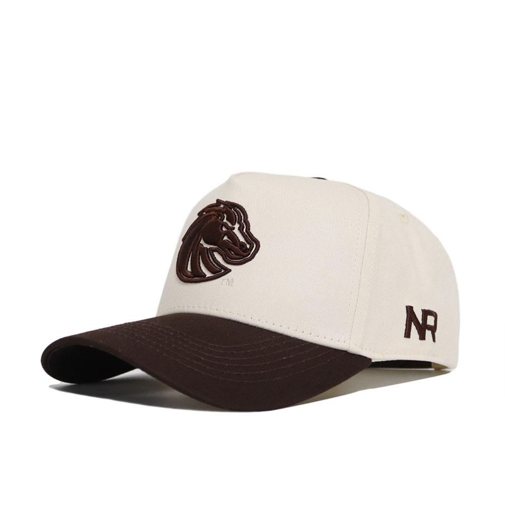 The Boise State Espresso Hat by No Rivals is a beige snapback with a dark brown visor made from high-quality cotton. It has a stylized horse head logo on the front and NR initials embroidered on the side in brown.