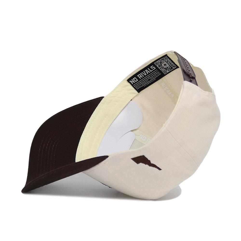 The Boise State Espresso Hat by No Rivals is a beige and brown snapback with a structured fit, inner cotton tags branded with NO RIVALS, and a small embroidered state outline on the side.
