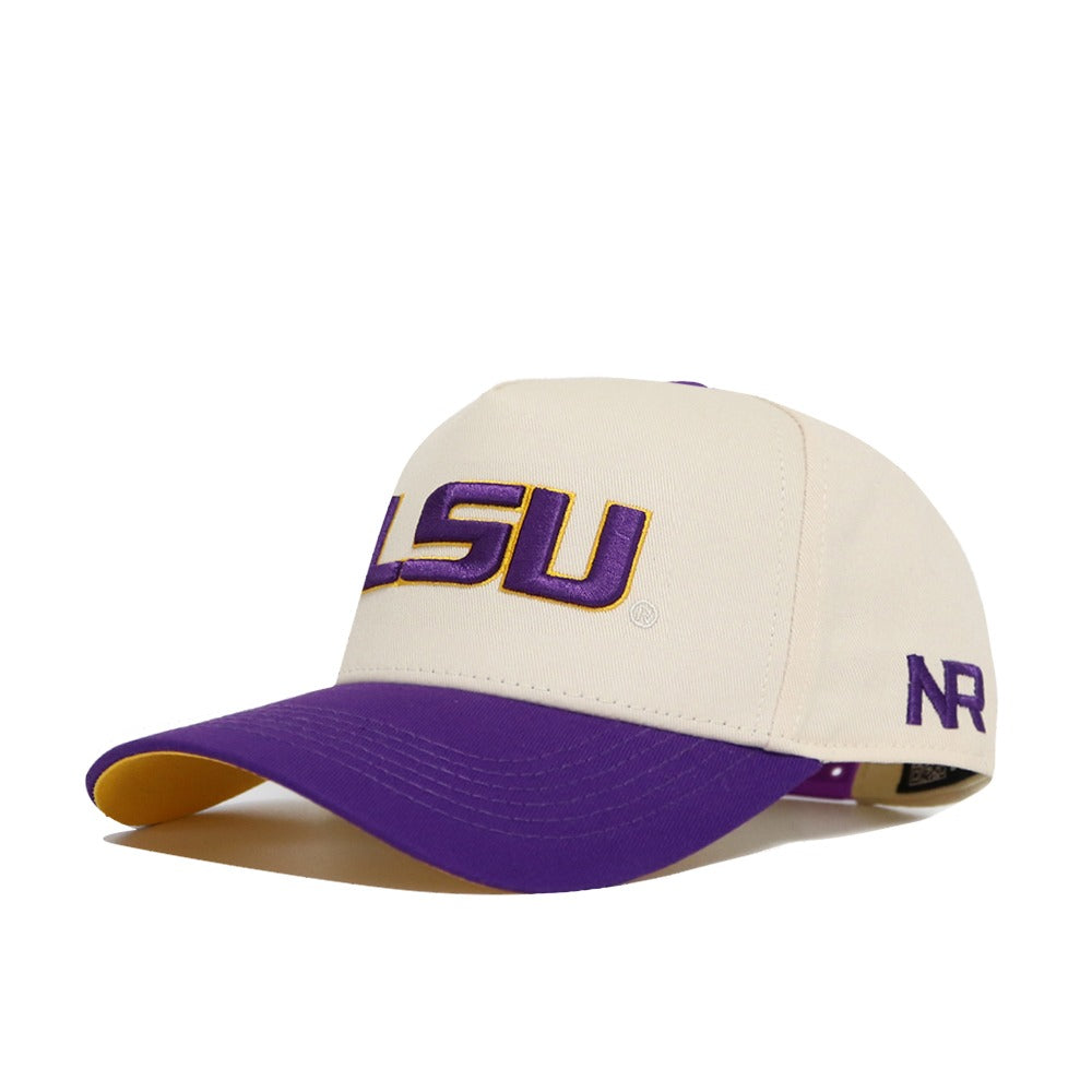 The No Rivals Classic LSU Hat (B2B) is a white and purple cotton hat with a snapback closure, offering comfortable, one-size-fits-most wear.