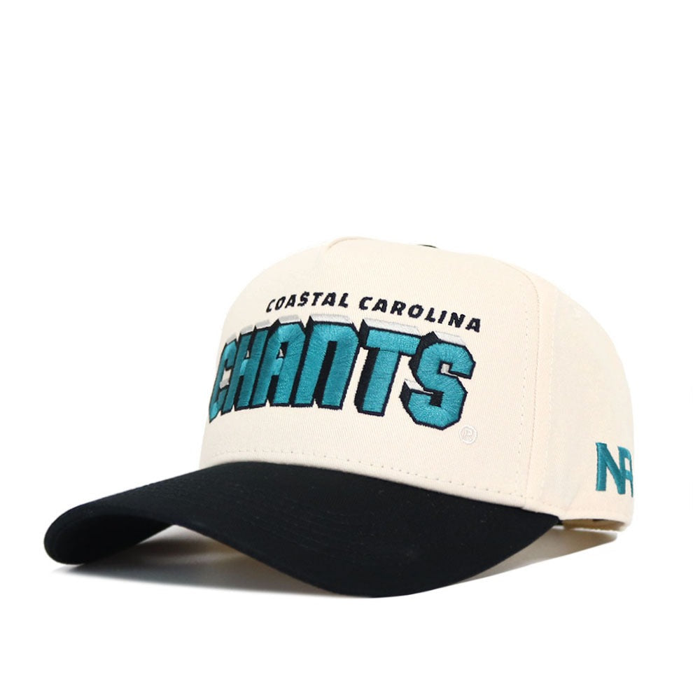 The No Rivals Coastal Carolina Alma Mater Hat - Classic (B2B) is a cream and black snapback cap with "COASTAL CAROLINA CHANTS" embroidered in teal and black, NR on the side, and crafted from high-quality cotton for lasting comfort.