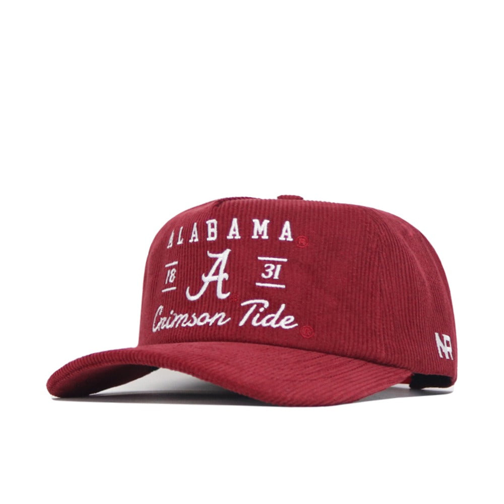 The Alabama Vintage Cord Hat by No Rivals is a crimson corduroy snapback with an unstructured fit, white "Alabama Crimson Tide" and "1831" embroidery, a large front A, and "AFT" on the left brim.