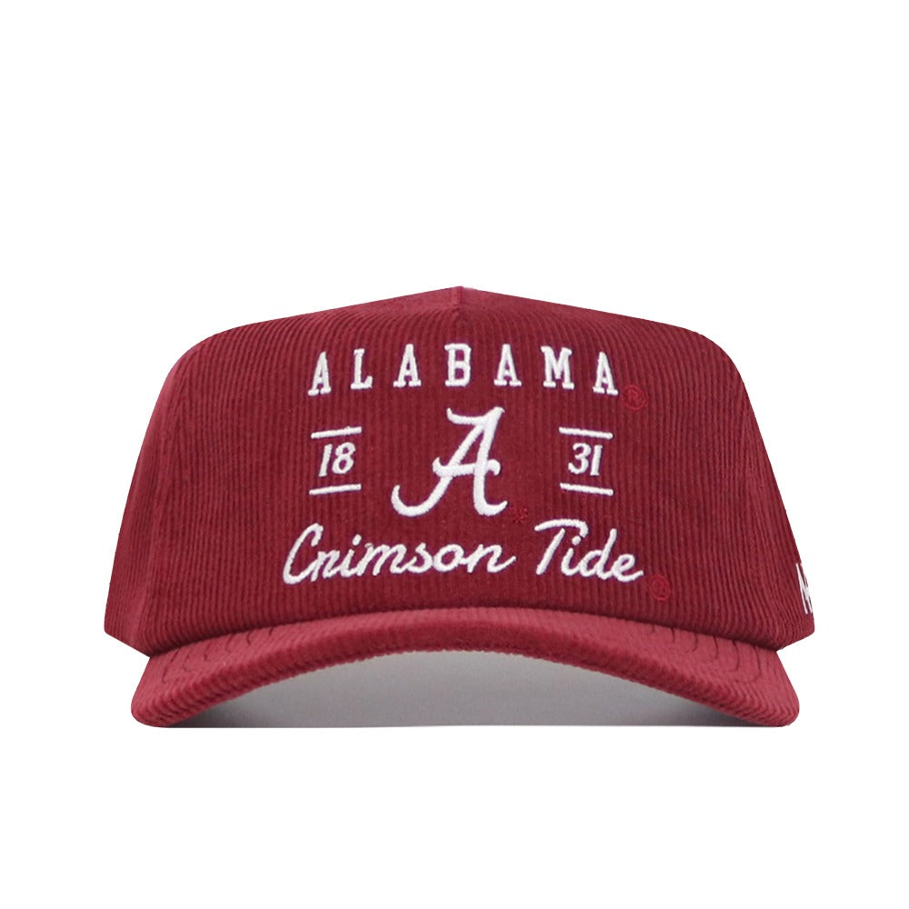 The No Rivals Alabama Vintage Cord Hat features a red corduroy design with "Alabama 1831 Crimson Tide" and a large white embroidered A on the front, plus an unstructured fit for easy comfort.