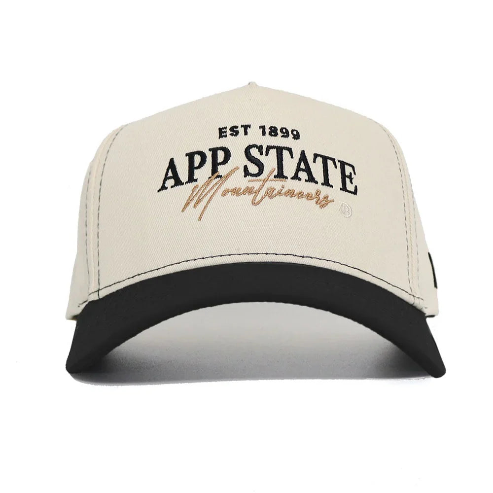 The Appalachian State Vintage Hat by No Rivals features EST 1899 APP STATE Mountaineers embroidered in black and gold on beige and black cotton, offering a structured snapback fit.