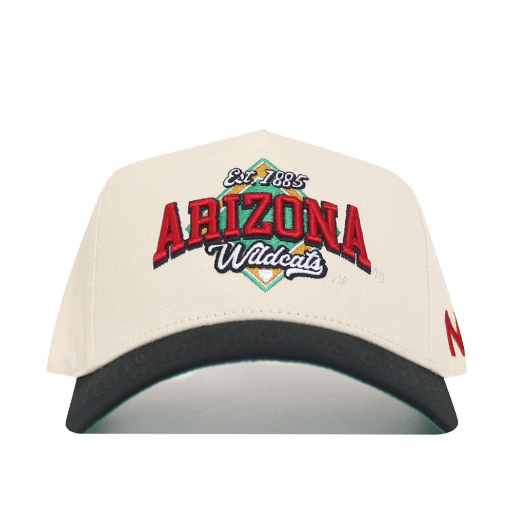 The No Rivals Arizona Ballpark Hat is a beige snapback made from premium cotton, featuring "Arizona Wildcats" embroidered in red, green, and black with Est. 1885 on the front, a black curved brim, and a red logo on the left side.