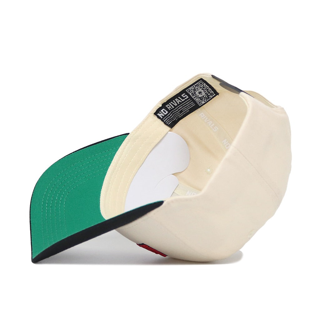 The Arizona Ballpark Hat by No Rivals is shown from the inside, featuring a structured cream-colored snapback design with a green underside brim and inner band labels displaying NO RIVALS and a QR code.