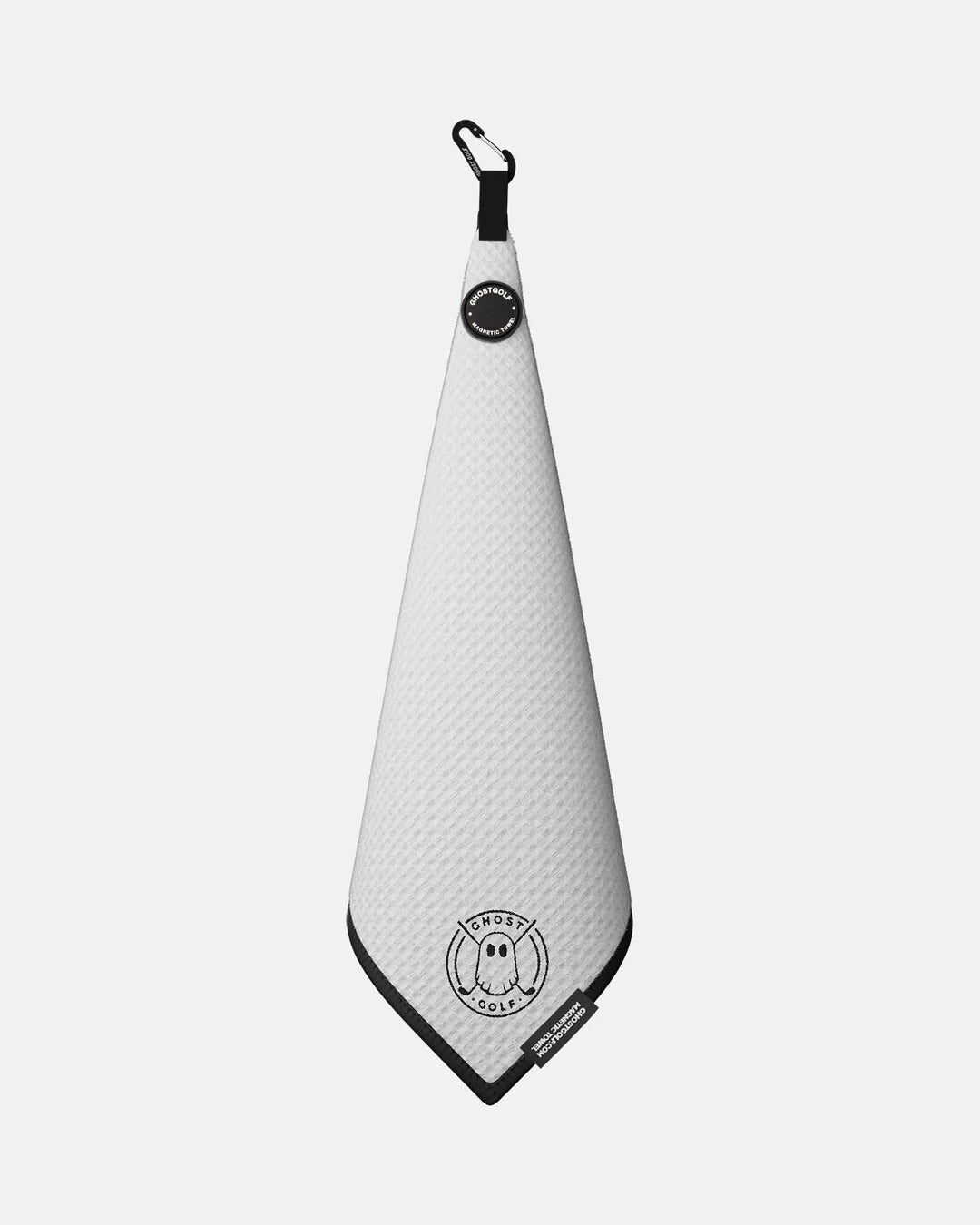Product shot of White Ghost Golf Magnetic Greenside Towel with emblem logo near the bottom and carabiner clip at the top #color_white