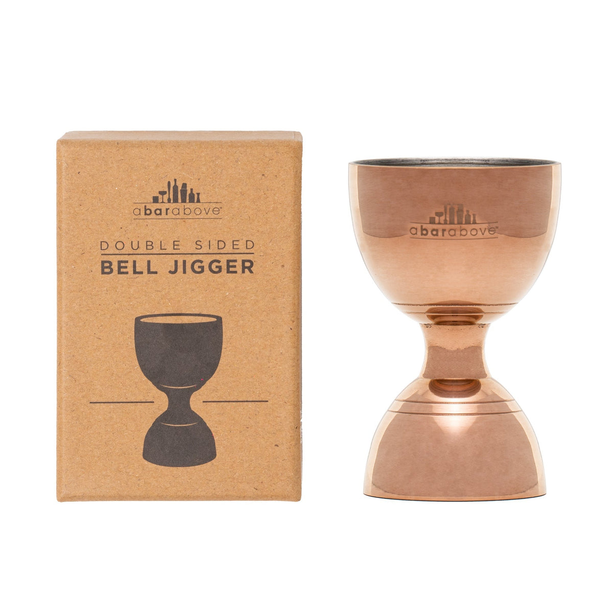 Labeled graphic of an antique copper bell jigger and its product box, showing branding and product type (details in description).