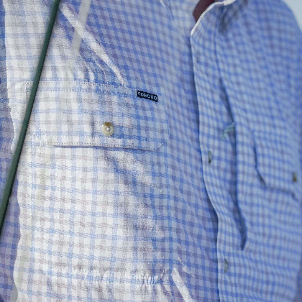Blue &amp; Grey plaid shirt shirt  sleeve  closeup
