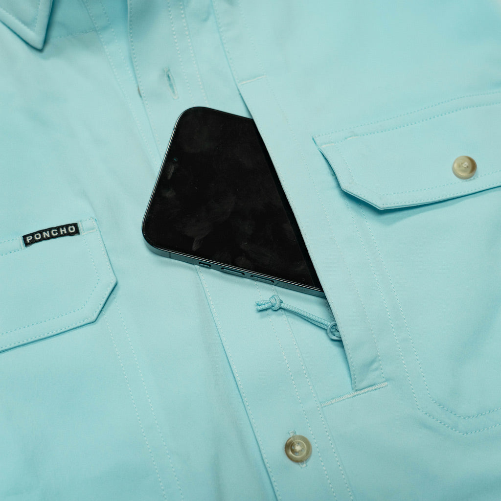 Aqua green shirt short sleeve  close up pocket 