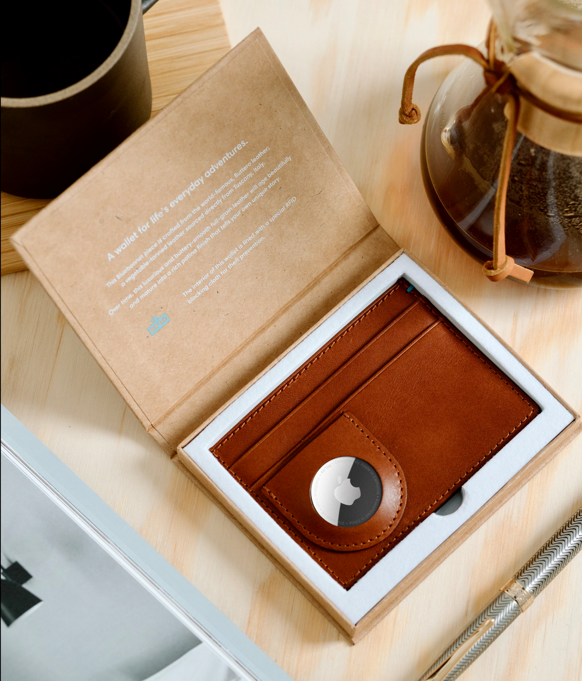 Minimalist Italian Leather AirTag Wallet in Gift Box - Tuscan Tan | Bluebonnet