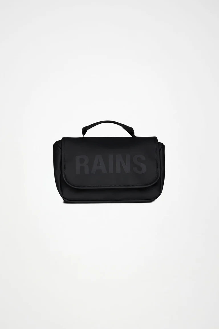 Black bag with 'RAINS' branding on a white background