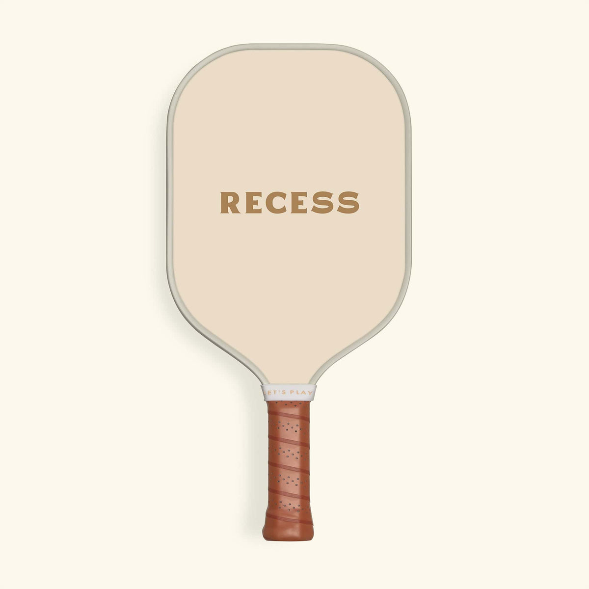 Recess Lady Bird pickleball paddle back view with cream face showing gold RECESS logo and brown leather grip