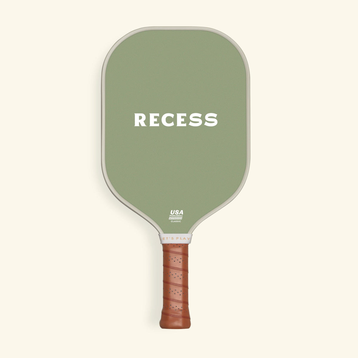Recess Sonny pickleball paddle back view with solid sage green face showing white RECESS logo and USA Pickleball Approved badge