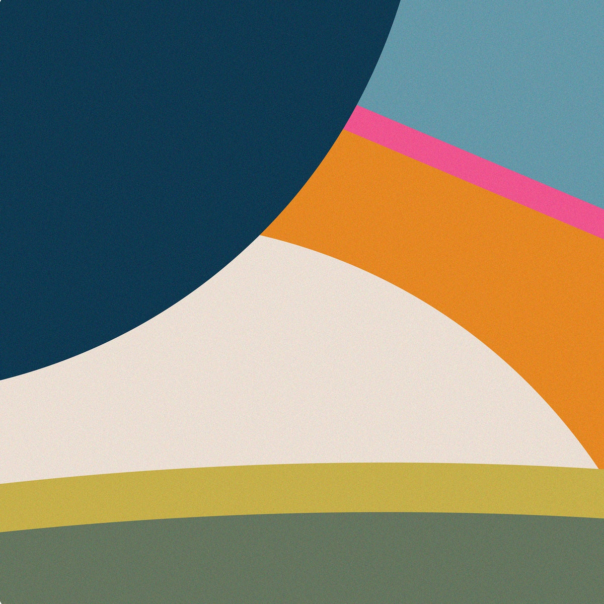 Close-up detail of Recess Vista pickleball paddle abstract color-block pattern in navy, sky blue, orange, and pink