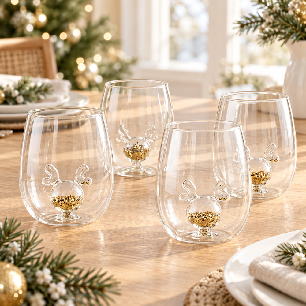 Jeanne Fitz Glitter Reindeer Stemless Wine Glass. Set of 4