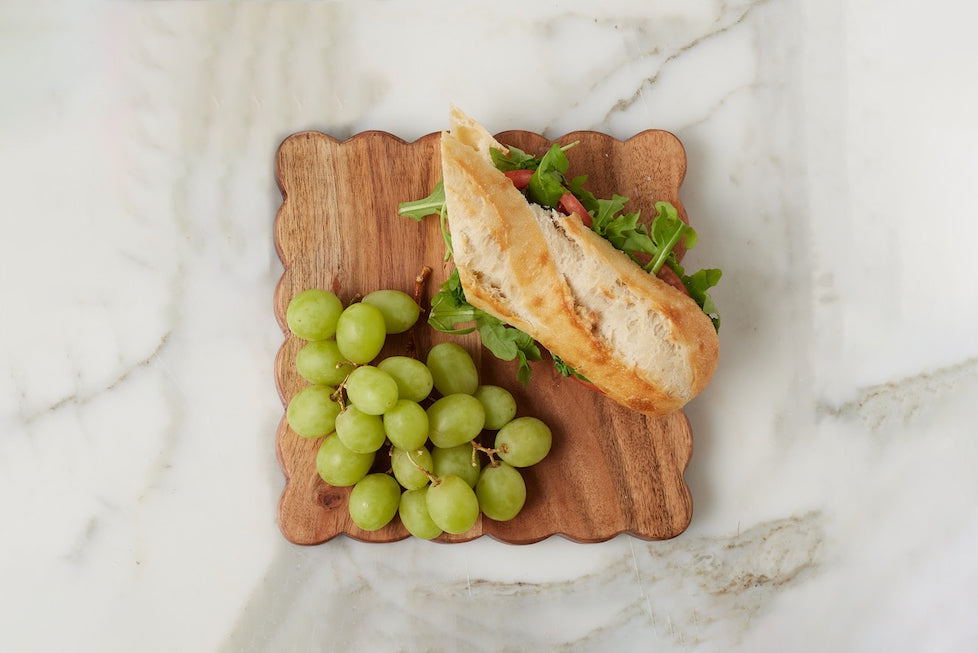 Square Scalloped Cheese Board with Spreader, Small, Natural